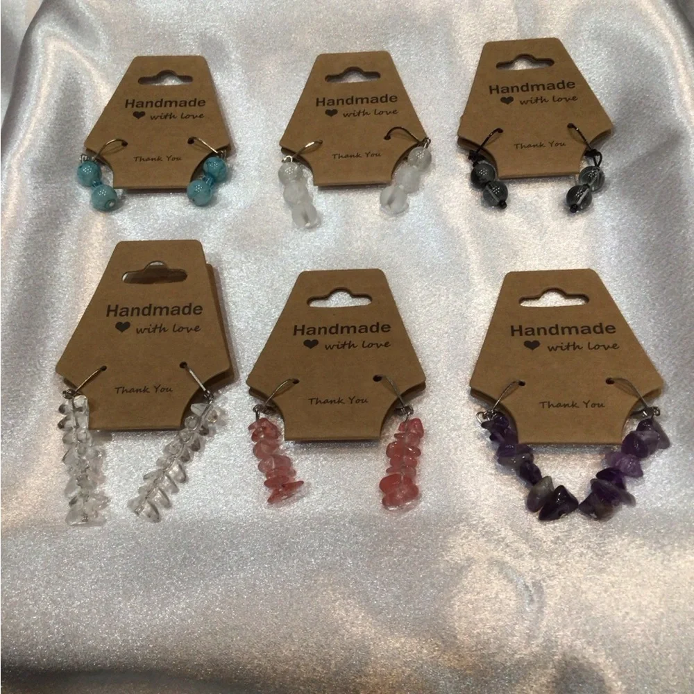 Six Handmade Gemstone Earrings Set in Pink, Purple, Black, Crystal, & Turquoise. - Picture 2 of 15